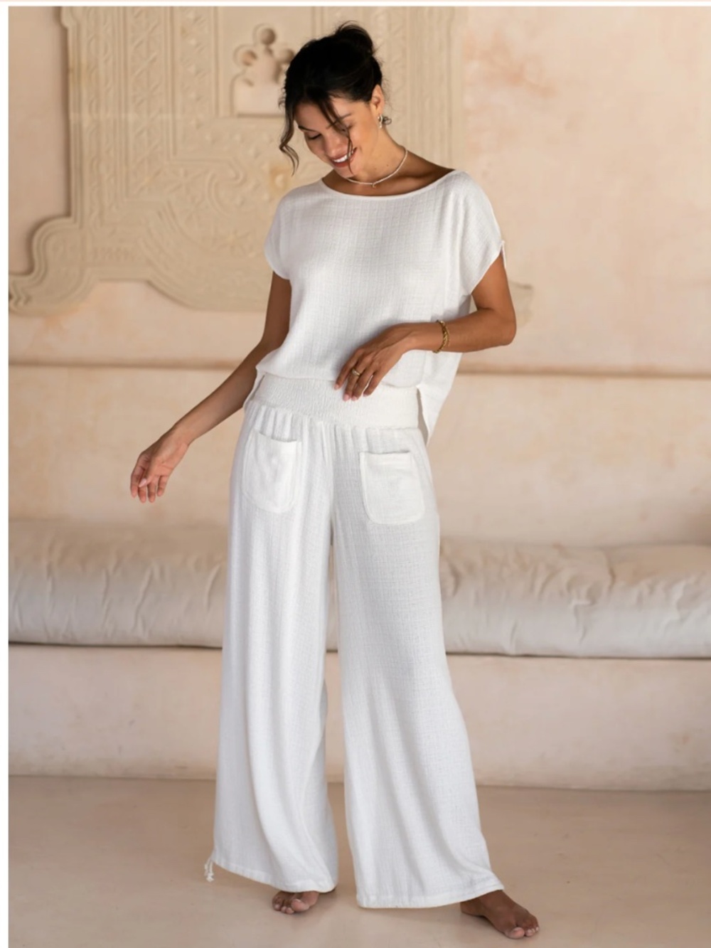 Nomad The Label Namaste Linen Blend Wide Leg Bohemian Pants Coconut Size M